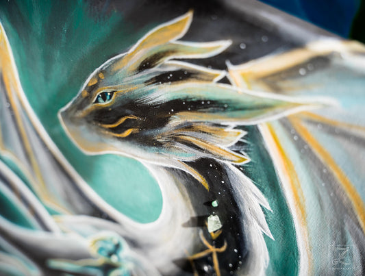Celestial Guardian - 18x24 Original Dragon Painting with Gemstones