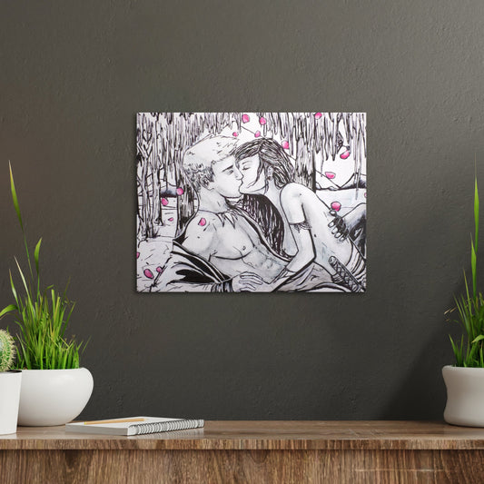 Love Fantasy Art, Romantic Couple Drawing on Canvas, Original Small Canvas Art, Couples Kissing Ink Drawing