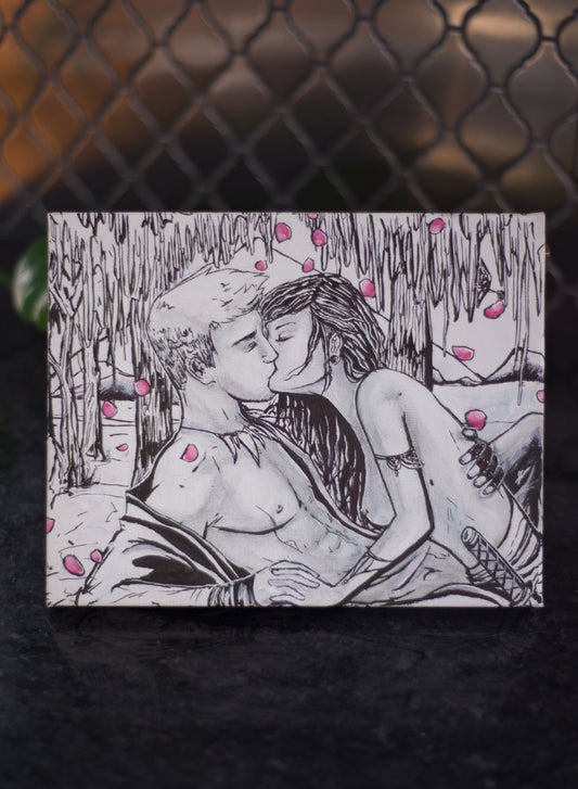 Lovers Kissing in Fantasy World - Original Ink Drawing on Canvas